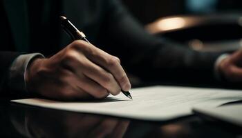 AI generated Businessman sitting at desk, signing contract with pen and paper generated by AI photo