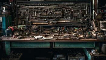 AI generated Old, rusty wrenches on a dirty workshop table generated by AI photo