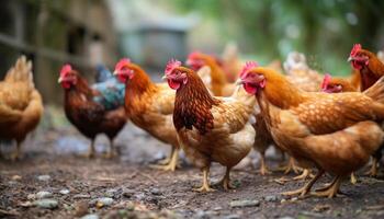 AI generated A vibrant farm scene with chickens pecking in the meadow generated by AI photo