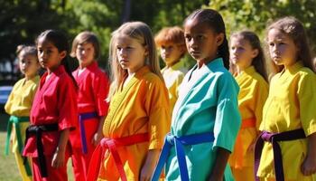 ai generado grupo de niños en uniformes sonriente y jugando al aire libre generado por ai foto