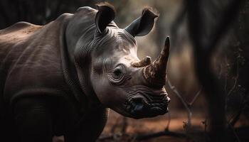 ai generado grande rinoceronte pasto en el africano desierto, mirando a cámara generado por ai foto