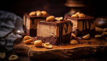 AI generated Homemade dark chocolate fudge on rustic wooden table generated by AI photo