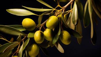 ai generado Fresco verde aceituna rama en un naturaleza antecedentes generado por ai foto