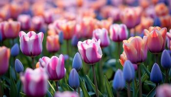 ai generado vibrante tulipán florecer en naturaleza vistoso prado generado por ai foto