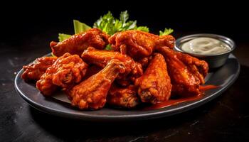 AI generated Buffalo chicken wings, grilled and served with dip generated by AI photo