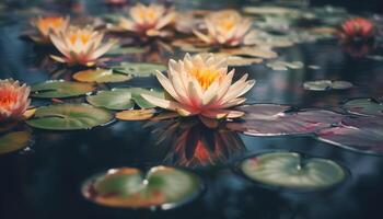 AI generated Lotus flower floating on tranquil pond water generated by AI photo