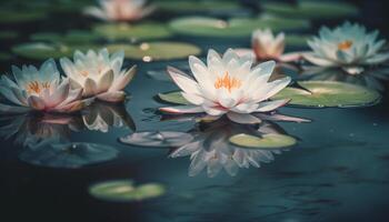 AI generated Beautiful lotus flower floating on tranquil pond water generated by AI photo