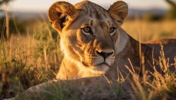 ai generado majestuoso leona en África desierto, descansando debajo puesta de sol generado por ai foto