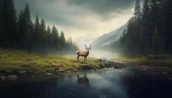 AI generated Majestic stag standing in tranquil autumn forest generated by AI photo