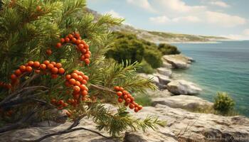 AI generated Fresh green tree branch on rocky coastline generated by AI photo