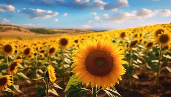 AI generated Sunflower in nature, yellow summer plant, agriculture farm generated by AI photo