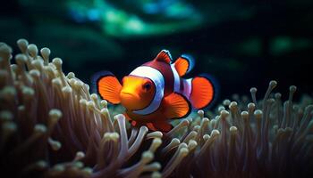 AI generated Clown fish swimming in vibrant underwater reef generated by AI photo