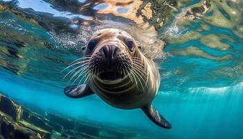 AI generated Sea lion swimming underwater, looking at camera generated by AI photo