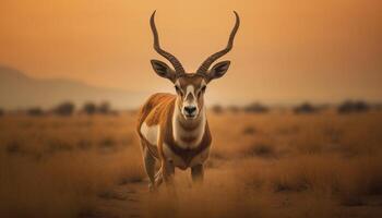 ai generado sabana atardecer, fauna silvestre pasto en tranquilo desierto generado por ai foto