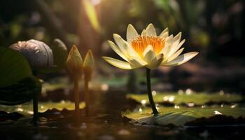 AI generated Beautiful lotus flower floating on tranquil pond water generated by AI photo
