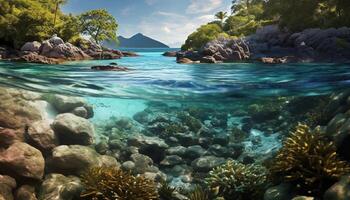AI generated Underwater reef, fish swim in tropical blue generated by AI photo