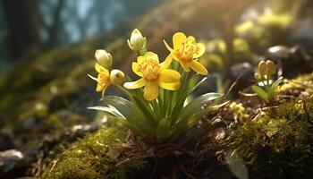 AI generated Freshness of springtime, yellow crocus blossom in meadow generated by AI photo