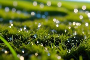 ai generado verde césped con Rocío gotas en eso foto