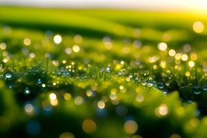 AI generated green grass with dew drops on it photo