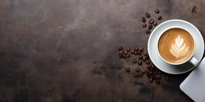 ai generado plano disposición. taza de café con café frijoles en un oscuro superficie foto