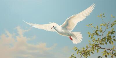 AI generated White dove in the air with wings wide open against the sky. A symbol of peace photo