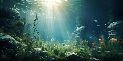 AI generated The sun's rays make their way to the seabed. Photorealistic image of the underwater world photo