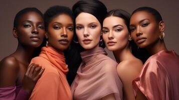 ai generado retrato de hermosa muchachas de diferente nacionalidades africano, asiático, europeo modelos foto