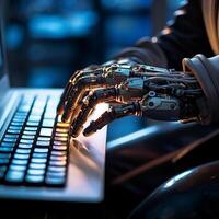 AI generated technological progress, artificial intelligence. robot hands working at the computer photo