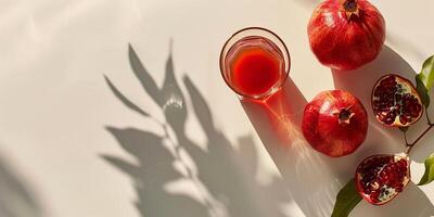 AI generated Top view of pomegranate juice in glass next to fruit photo