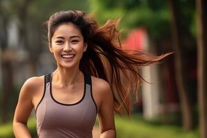 ai generado contento y sano asiático joven mujer corriendo y trotar foto