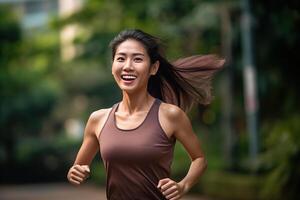ai generado contento y sano asiático joven mujer corriendo y trotar foto
