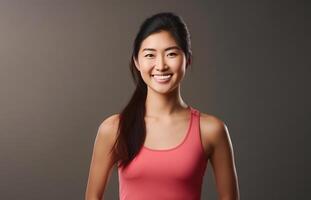 AI generated Beautiful Young Asian Woman Showcasing Strength and Determination in Dynamic Workout Poses, Fitness Session, Isolated Against a studio Background photo