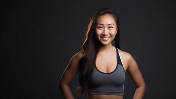 AI generated Beautiful Young Asian Woman Showcasing Strength and Determination in Dynamic Workout Poses, Fitness Session, Isolated Against a studio Background photo
