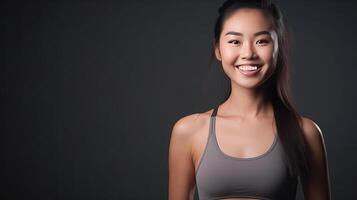 AI generated Beautiful Young Asian Woman Showcasing Strength and Determination in Dynamic Workout Poses, Fitness Session, Isolated Against a studio Background photo