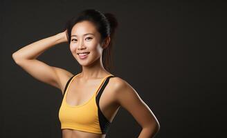 AI generated Beautiful Young Asian Woman Showcasing Strength and Determination in Dynamic Workout Poses, Fitness Session, Isolated Against a studio Background photo