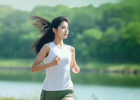 ai generado contento y sano asiático joven mujer corriendo y trotar foto