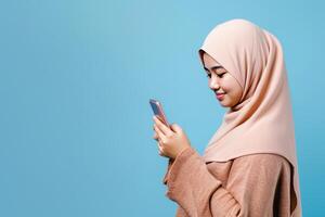 AI generated Cute young Asian girl in hijab holding a smartphone in front of a vibrant blue background photo