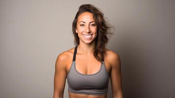 AI generated Portrait of a Beautiful Woman Radiating Post Exercise Glow and Positivity, Smiling after Completing a Workout, Still in Workout Attire, Taken in a Professional Photo Studio Setting