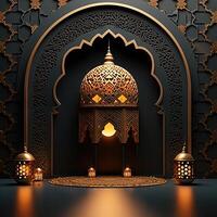 ai generado lujoso Ramadán celebracion con un islámico arquitectura antecedentes en un ligero negro y bronce estilo. presentando lujoso pared tapices, ligero beige y amarillo acentos, foto