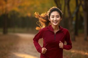 ai generado contento y sano asiático joven mujer corriendo y trotar foto