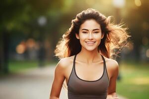 ai generado contento y sano asiático joven mujer corriendo y trotar foto