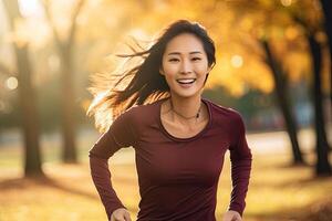 ai generado contento y sano asiático joven mujer corriendo y trotar foto
