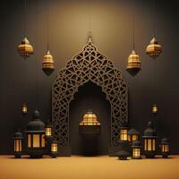 AI generated Luxurious Ramadan celebration with an Islamic architecture background in a light black and bronze style. Featuring luxurious wall hangings, light beige and yellow accents, photo