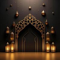 AI generated Luxurious Ramadan celebration with an Islamic architecture background in a light black and bronze style. Featuring luxurious wall hangings, light beige and yellow accents photo