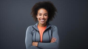 AI generated Portrait of a Beautiful Woman Radiating Post Exercise Glow and Positivity, Smiling after Completing a Workout, Still in Workout Attire, Taken in a Professional Photo Studio Setting