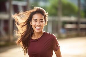 ai generado contento y sano asiático joven mujer corriendo y trotar foto