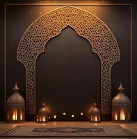 AI generated Luxurious Ramadan celebration with an Islamic architecture background in a light black and bronze style. Featuring luxurious wall hangings, light beige and yellow accents, photo