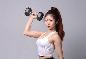 AI generated Beautiful Young Asian Woman Showcasing Strength and Determination in Dynamic Workout Poses, Fitness Session, Isolated Against a studio Background photo