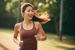 ai generado contento y sano asiático joven mujer corriendo y trotar foto