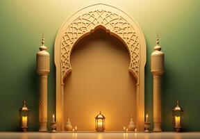 ai generado lujoso Ramadán celebracion con un islámico arquitectura antecedentes en un ligero negro y bronce estilo. presentando lujoso pared tapices, ligero beige y amarillo acentos foto